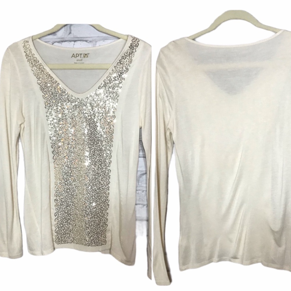 APT. 9 Ivory Gold Glitter Sequin V Neck Soft Long Sleeve Holiday Top Size Small